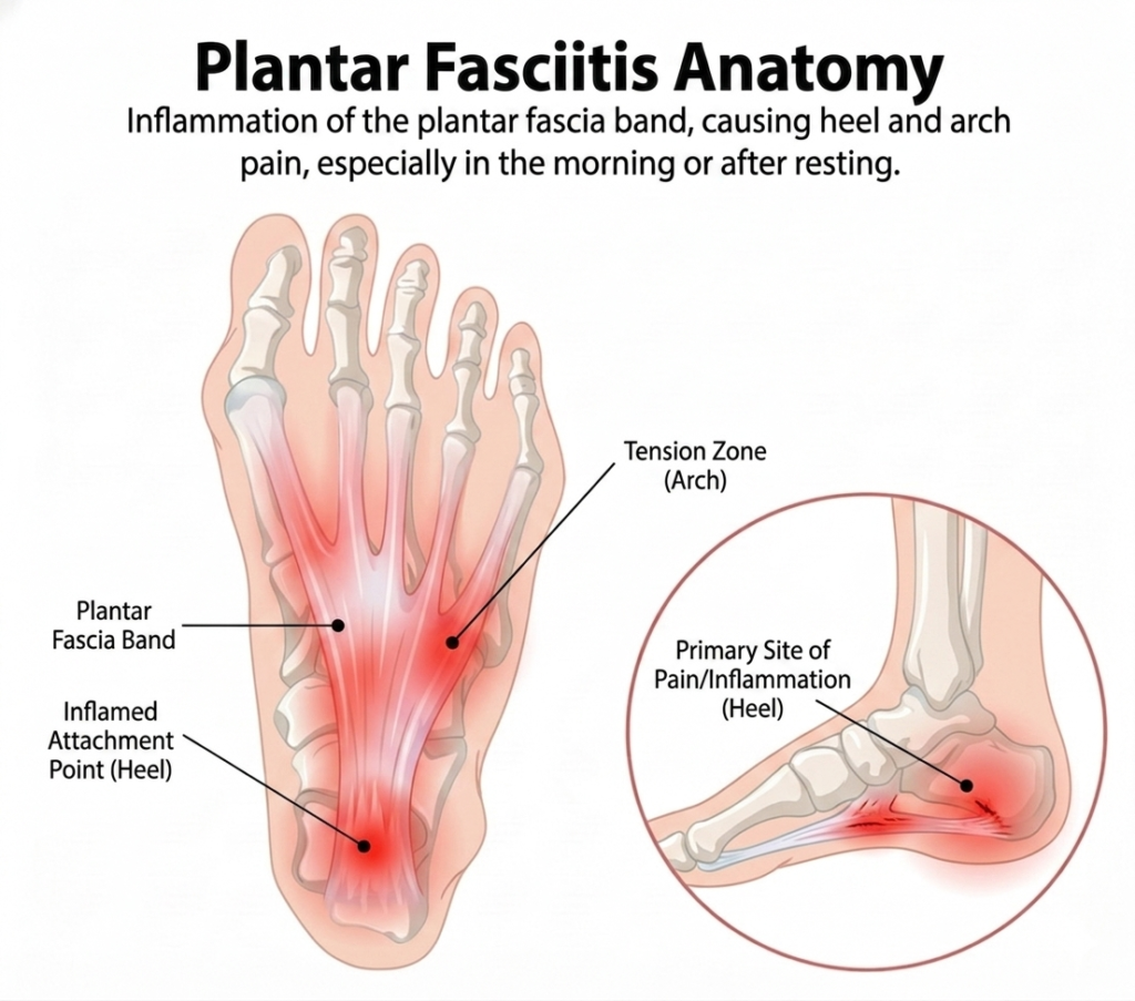 plantar fasciitis anatomy plantar fascia band highlighted along heel and arch